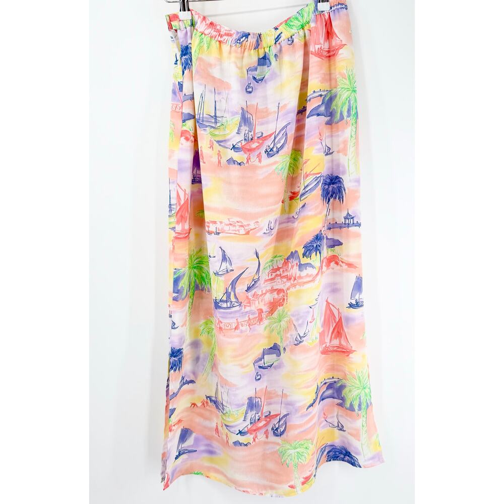 Vtg Bushwacker Brisas Island Watercolor Scenic Maxi Skirt Sz 12 Tropical Lined - Picture 11 of 13